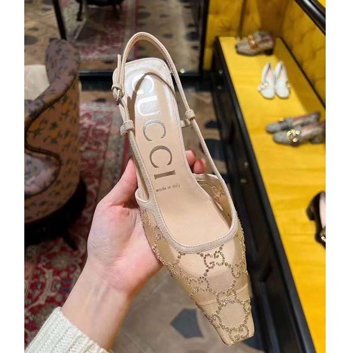 Gucci Women GG Slingback Ballet Flat Rose Beige Mesh GG Crystals Leather