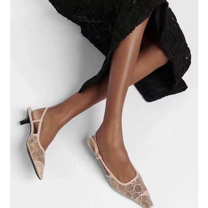 Gucci Women GG Slingback Ballet Flat Rose Beige Mesh GG Crystals Leather