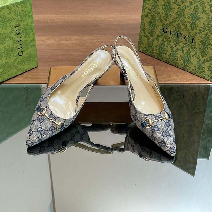 Gucci Women Horsebit Slingback Pump Beige Blue Original GG Canvas Low Heel