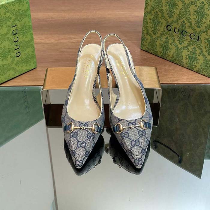 Gucci Women Horsebit Slingback Pump Beige Blue Original GG Canvas Low Heel