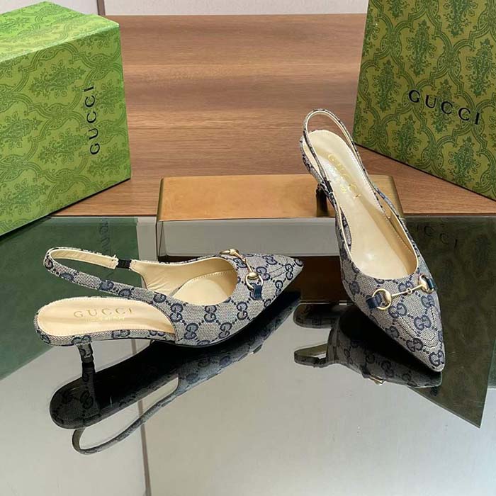 Gucci Women Horsebit Slingback Pump Beige Blue Original GG Canvas Low Heel