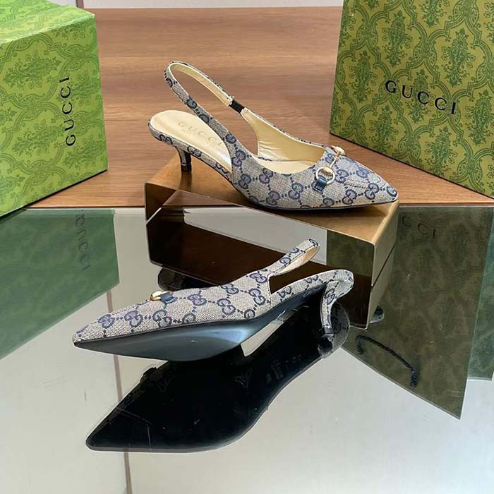 Gucci Women Horsebit Slingback Pump Beige Blue Original GG Canvas Low Heel