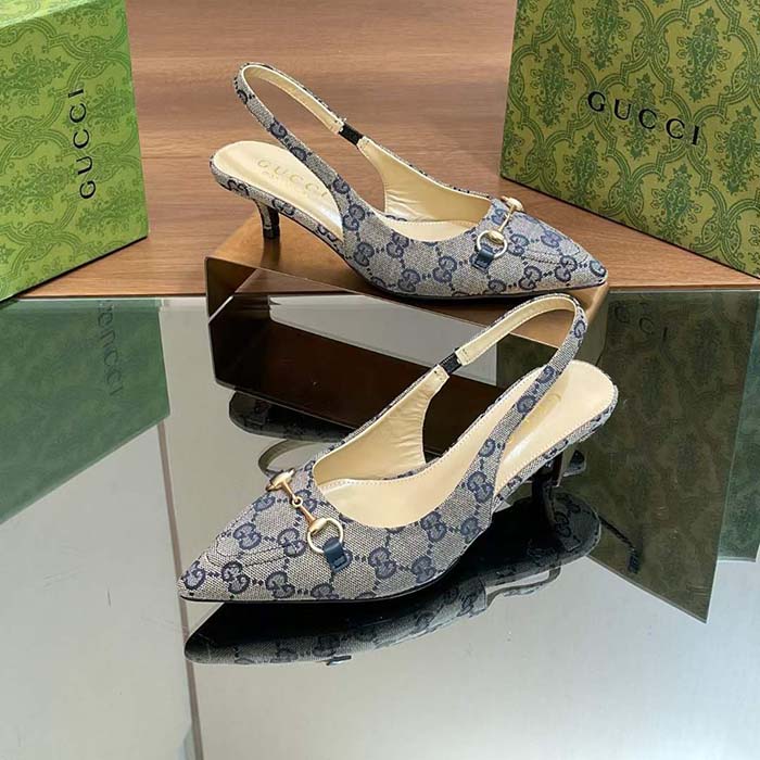 Gucci Women Horsebit Slingback Pump Beige Blue Original GG Canvas Low Heel