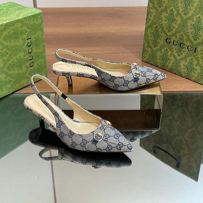 Gucci Women Horsebit Slingback Pump Beige Blue Original GG Canvas Low Heel