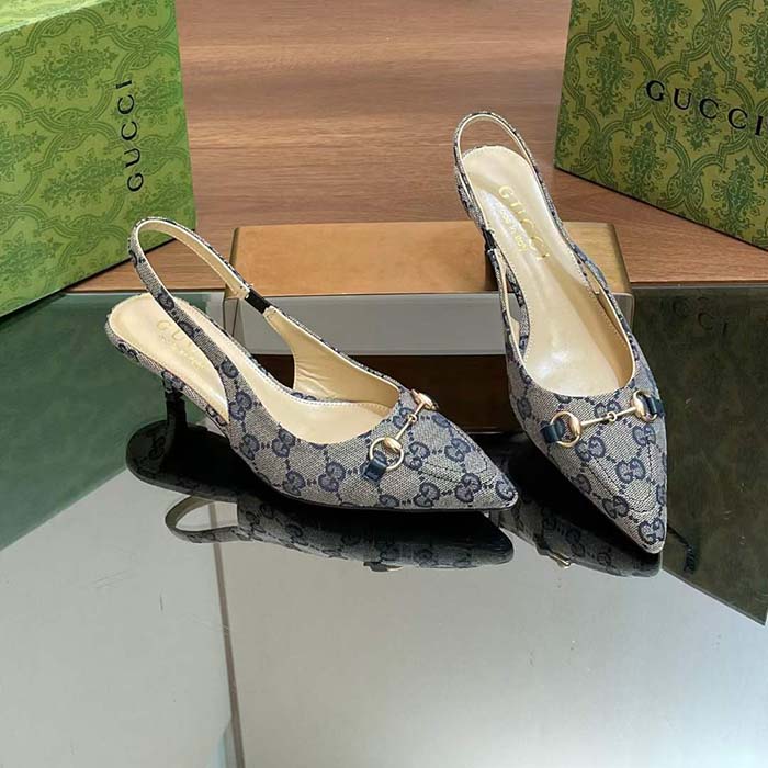 Gucci Women Horsebit Slingback Pump Beige Blue Original GG Canvas Low Heel