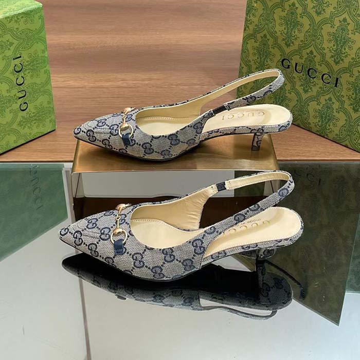 Gucci Women Horsebit Slingback Pump Beige Blue Original GG Canvas Low Heel