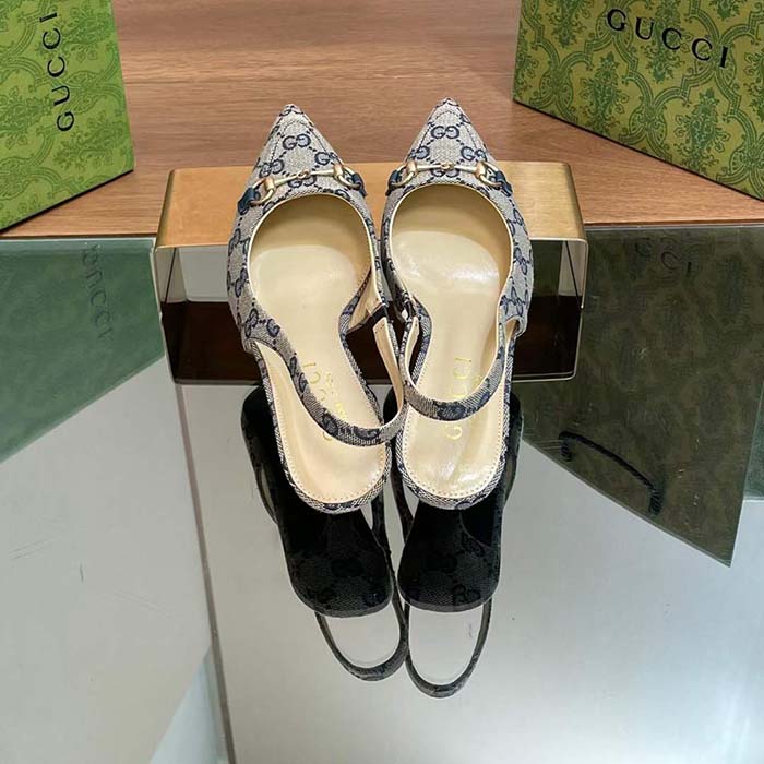 Gucci Women Horsebit Slingback Pump Beige Blue Original GG Canvas Low Heel