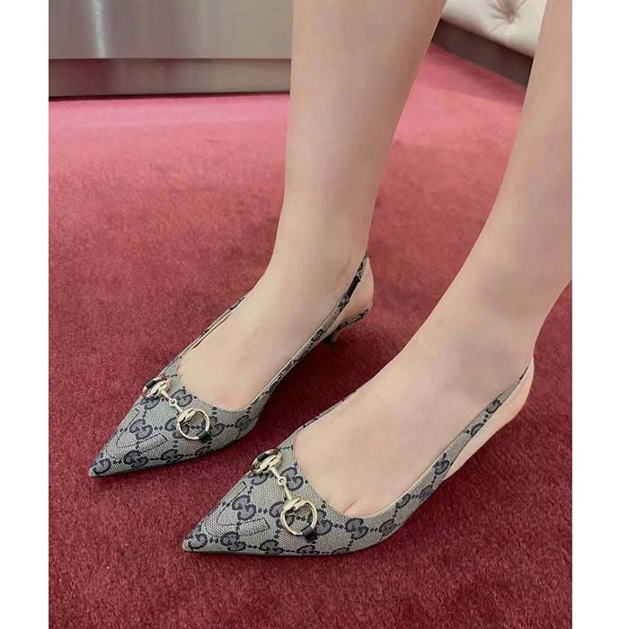 Gucci Women Horsebit Slingback Pump Beige Blue Original GG Canvas Low Heel
