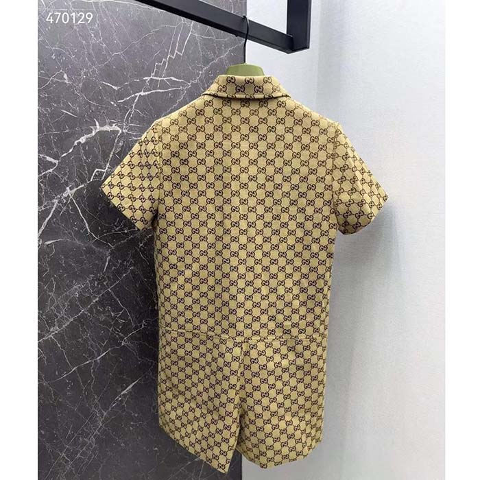 Gucci Women Original GG Canvas Jumpsuit Point Neck Short Sleeves Straight Fit