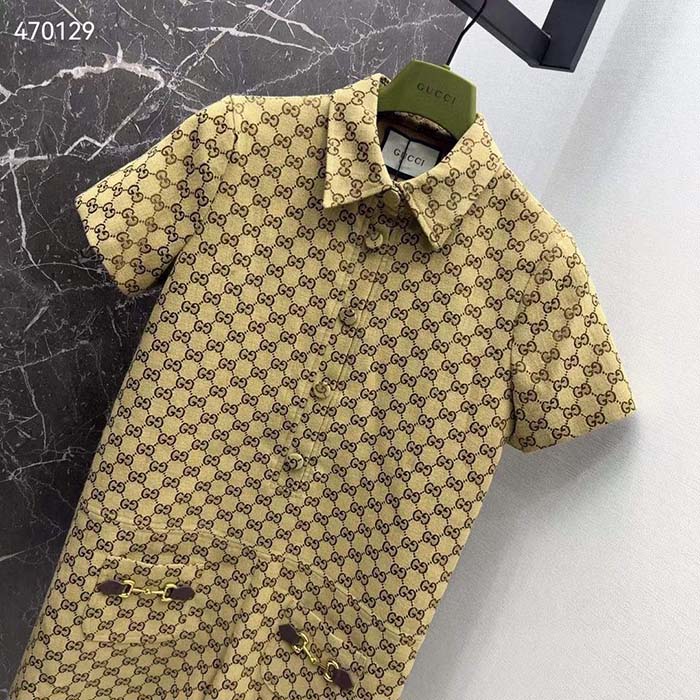 Gucci Women Original GG Canvas Jumpsuit Point Neck Short Sleeves Straight Fit