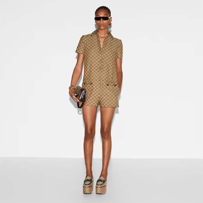 Gucci Women Original GG Canvas Jumpsuit Point Neck Short Sleeves Straight Fit