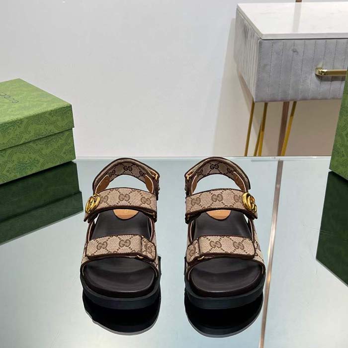 Gucci Women’s Double G Sandal Beige Ebony Original GG Canvas Rubber Flat