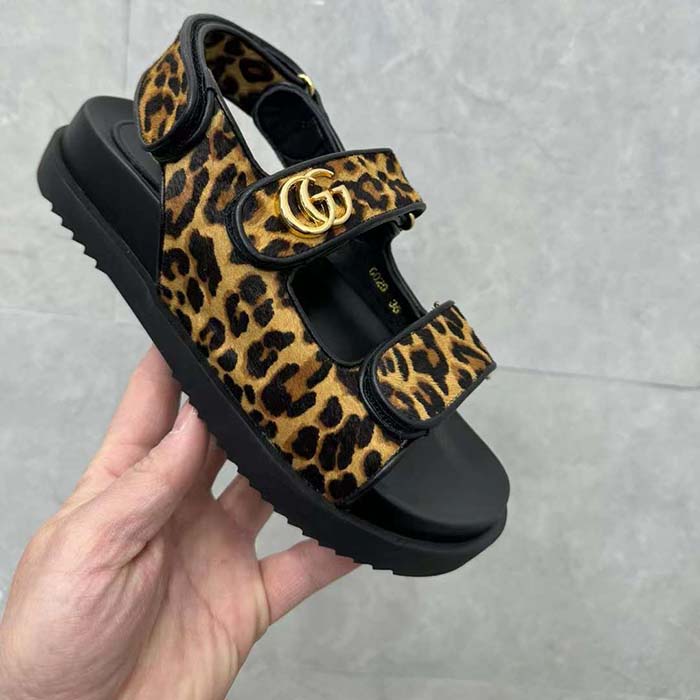 Gucci Women’s Double G Sandal Brown Black Leopard Print Calf Hair Fabric
