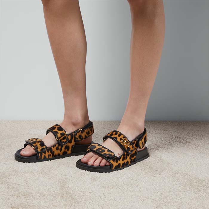 Gucci Women’s Double G Sandal Brown Black Leopard Print Calf Hair Fabric