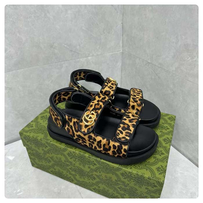 Gucci Women’s Double G Sandal Brown Black Leopard Print Calf Hair Fabric