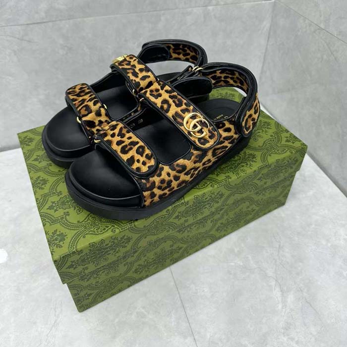 Gucci Women’s Double G Sandal Brown Black Leopard Print Calf Hair Fabric