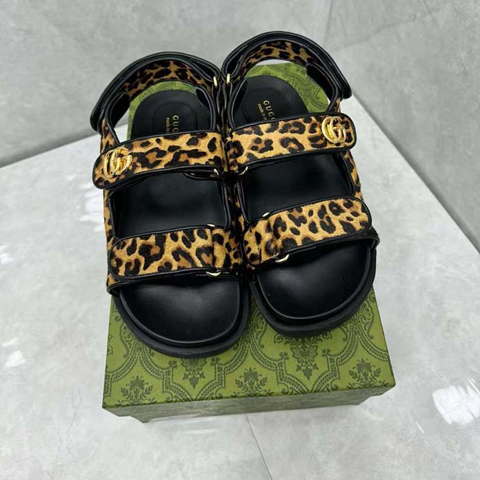 Gucci Women’s Double G Sandal Brown Black Leopard Print Calf Hair Fabric