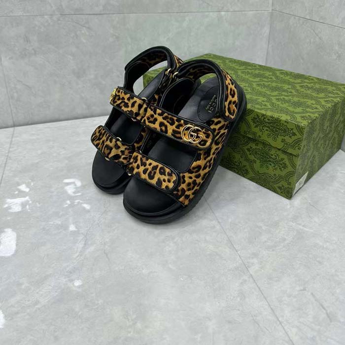 Gucci Women’s Double G Sandal Brown Black Leopard Print Calf Hair Fabric