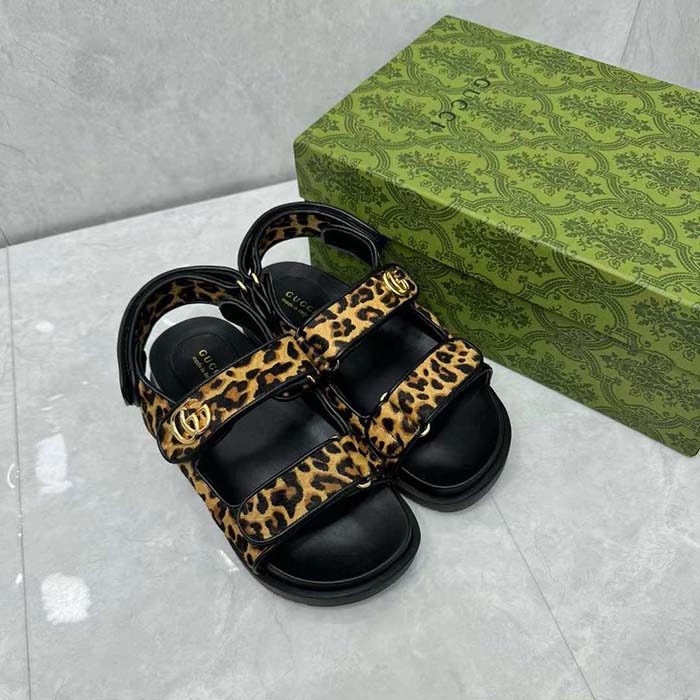 Gucci Women’s Double G Sandal Brown Black Leopard Print Calf Hair Fabric