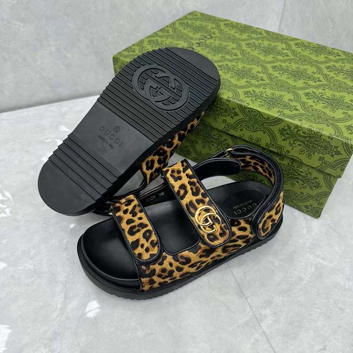 Gucci Women’s Double G Sandal Brown Black Leopard Print Calf Hair Fabric