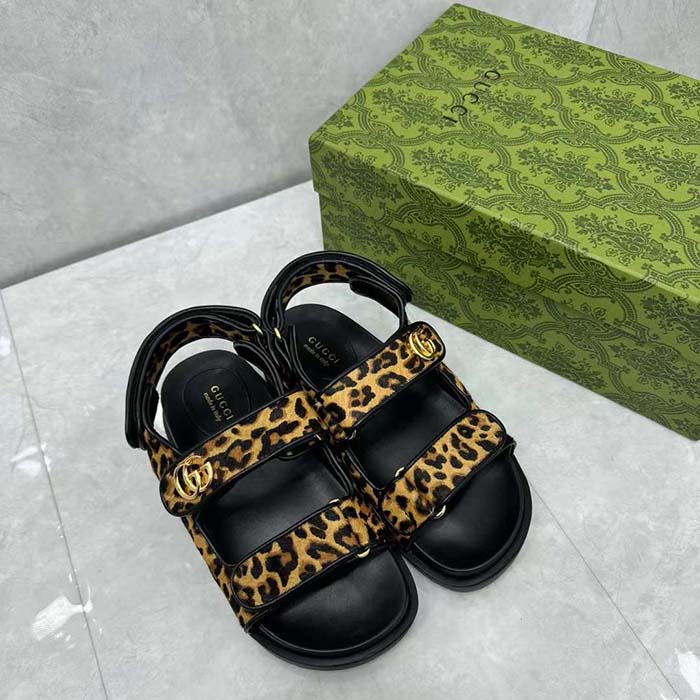 Gucci Women’s Double G Sandal Brown Black Leopard Print Calf Hair Fabric