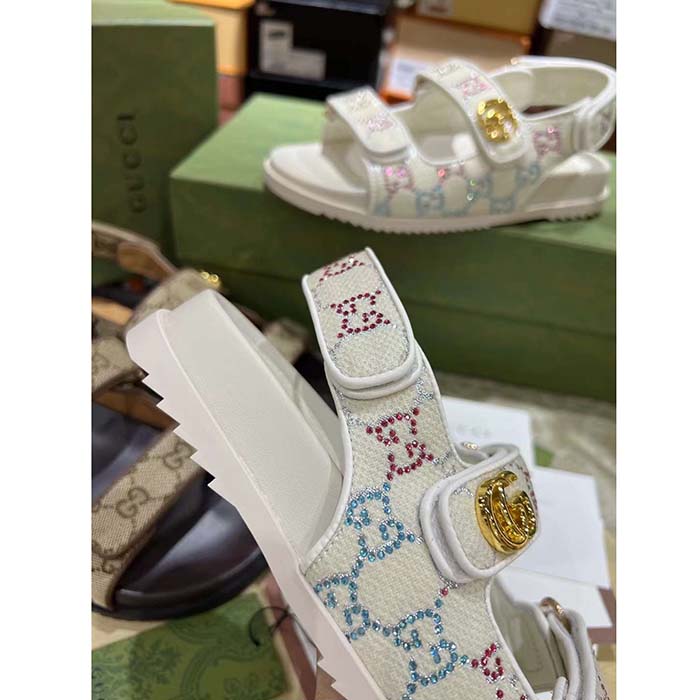 Gucci Women’s Sandal Double G Ivory GG Crystal Canvas Rubber Sole Flat