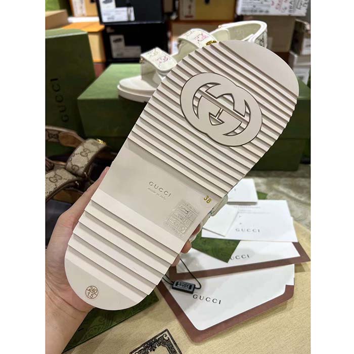 Gucci Women’s Sandal Double G Ivory GG Crystal Canvas Rubber Sole Flat