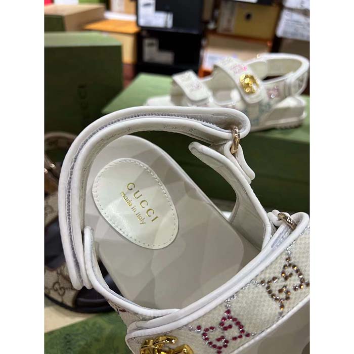 Gucci Women’s Sandal Double G Ivory GG Crystal Canvas Rubber Sole Flat