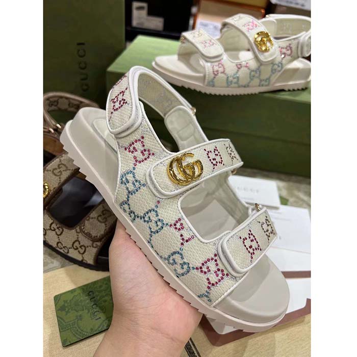 Gucci Women’s Sandal Double G Ivory GG Crystal Canvas Rubber Sole Flat