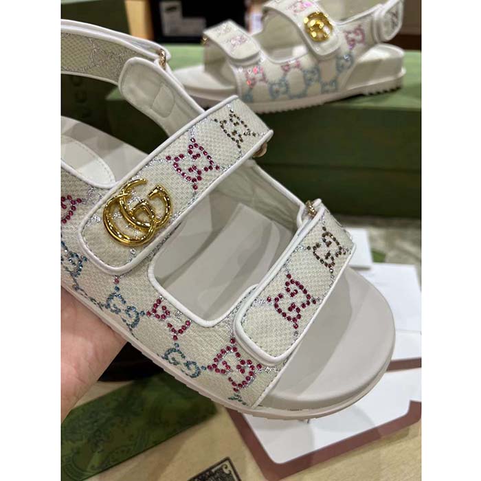 Gucci Women’s Sandal Double G Ivory GG Crystal Canvas Rubber Sole Flat