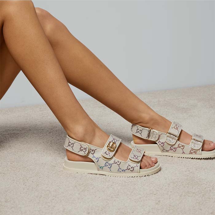 Gucci Women’s Sandal Double G Ivory GG Crystal Canvas Rubber Sole Flat