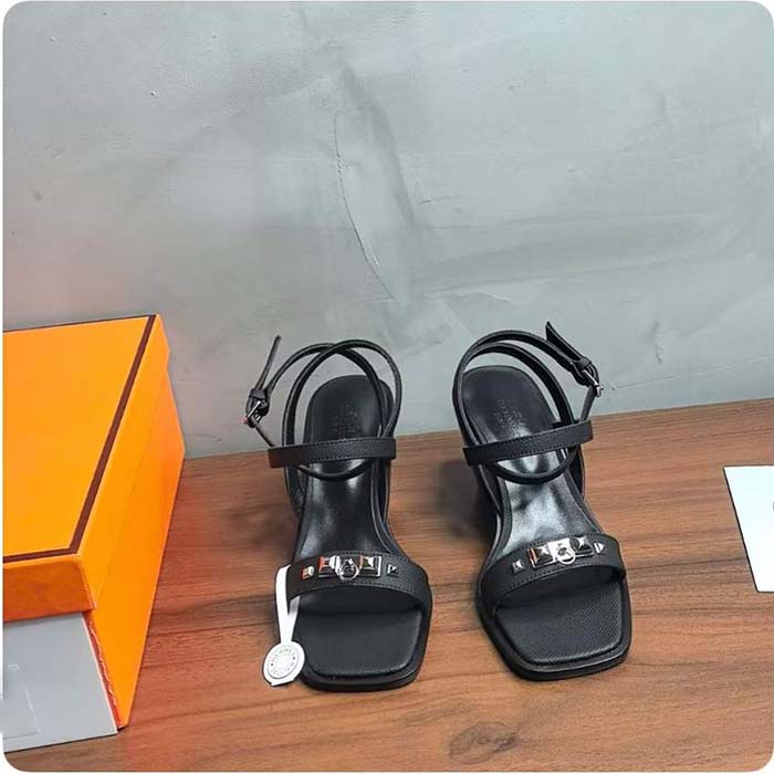 Hermes Women Ivresse 65 Sandal Black Leather 6.6 CM Heel