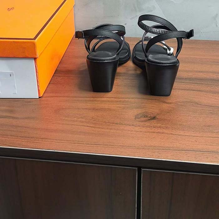 Hermes Women Ivresse 65 Sandal Black Leather 6.6 CM Heel