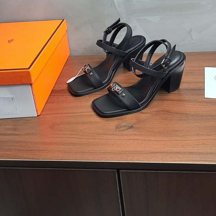 Hermes Women Ivresse 65 Sandal Black Leather 6.6 CM Heel