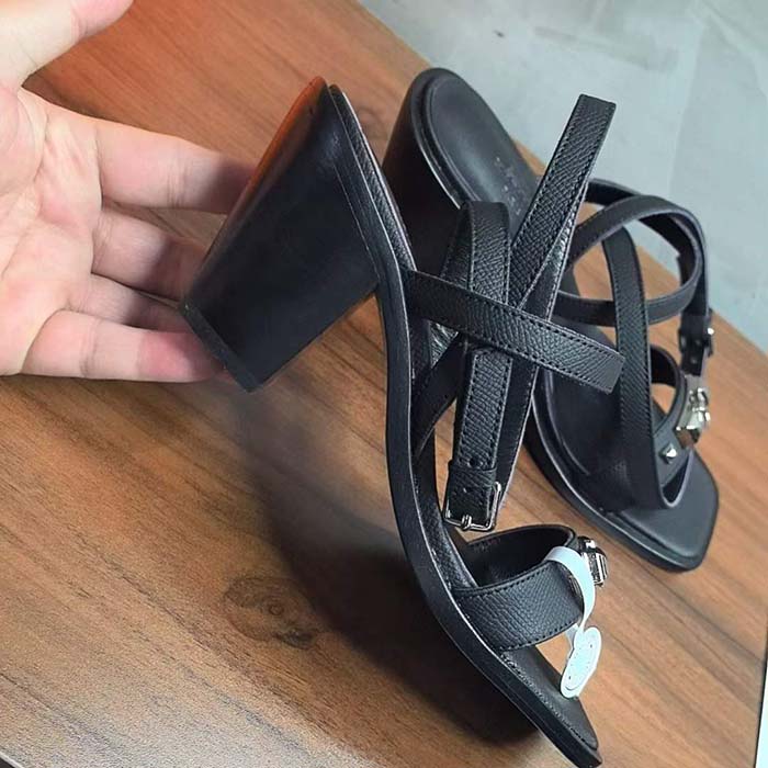 Hermes Women Ivresse 65 Sandal Black Leather 6.6 CM Heel