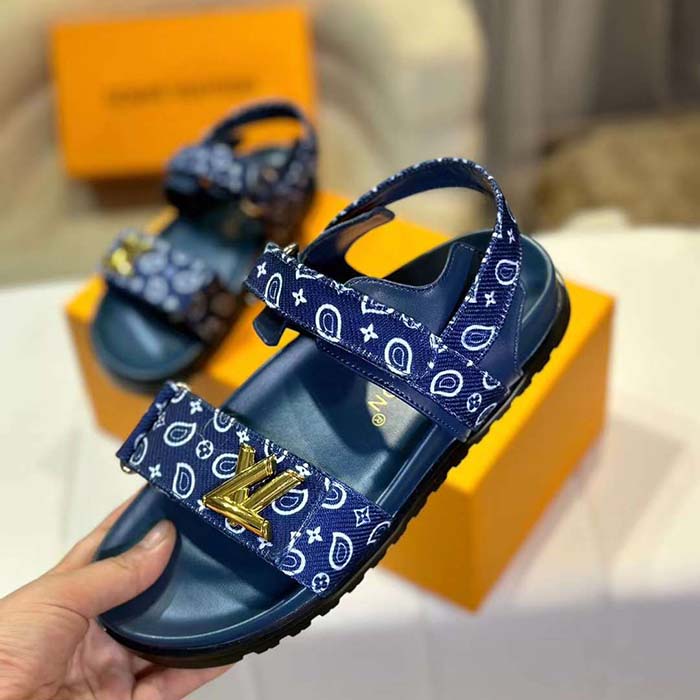 Louis Vuitton LV Women Sunset Flat Comfort Sandal Navy Blue Nylon 1ACTWB