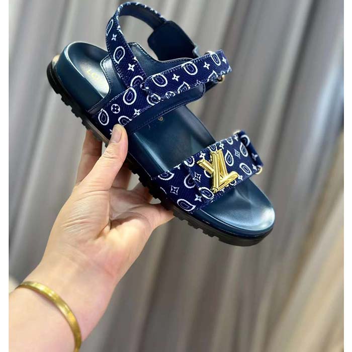 Louis Vuitton LV Women Sunset Flat Comfort Sandal Navy Blue Nylon 1ACTWB