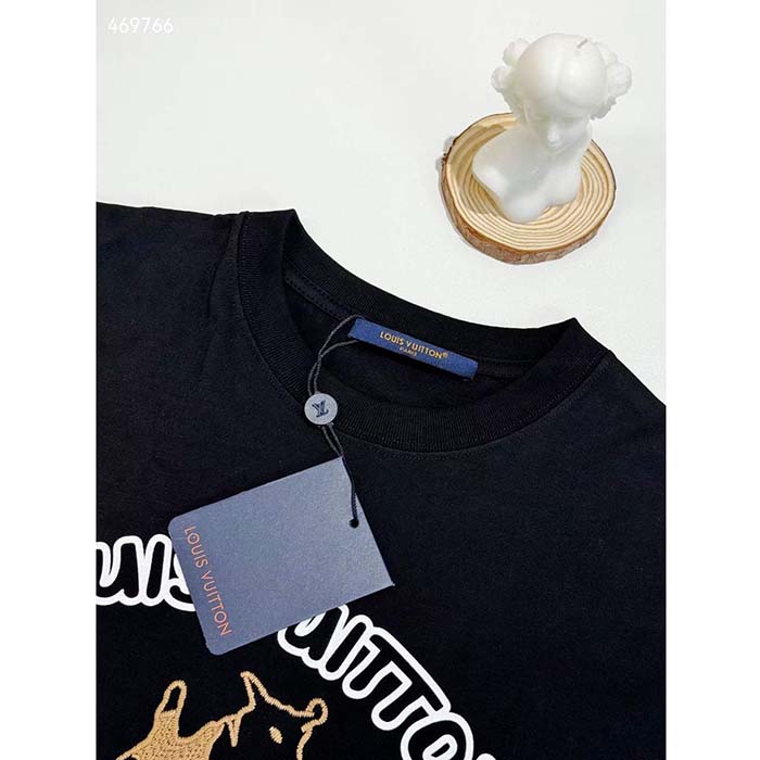 Louis Vuitton Women LV Embroidered Cotton T-Shirt Regular Fit Black 1AFQ67