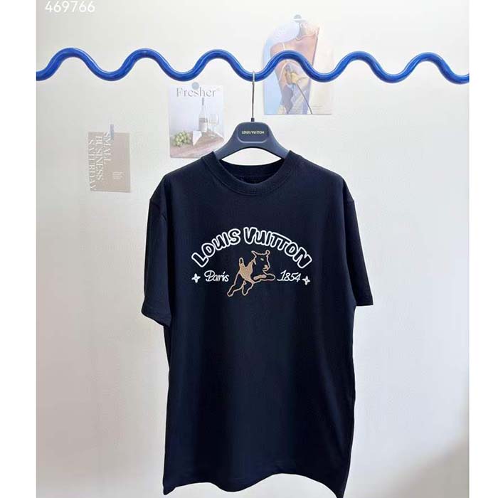Louis Vuitton Women LV Embroidered Cotton T-Shirt Regular Fit Black 1AFQ67