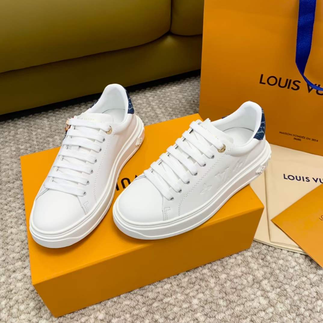 Louis Vuitton Unisex LV Time Out Sneaker Blue Calf Leather Monogram Denim 1ACHUD