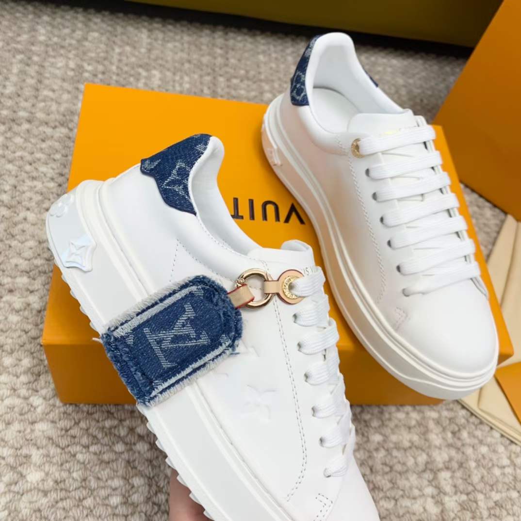 Louis Vuitton Unisex LV Time Out Sneaker Blue Calf Leather Monogram Denim 1ACHUD