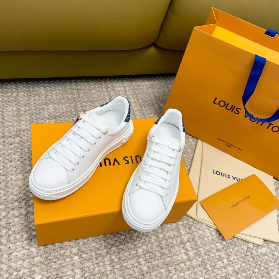 Louis Vuitton Unisex LV Time Out Sneaker Blue Calf Leather Monogram Denim 1ACHUD