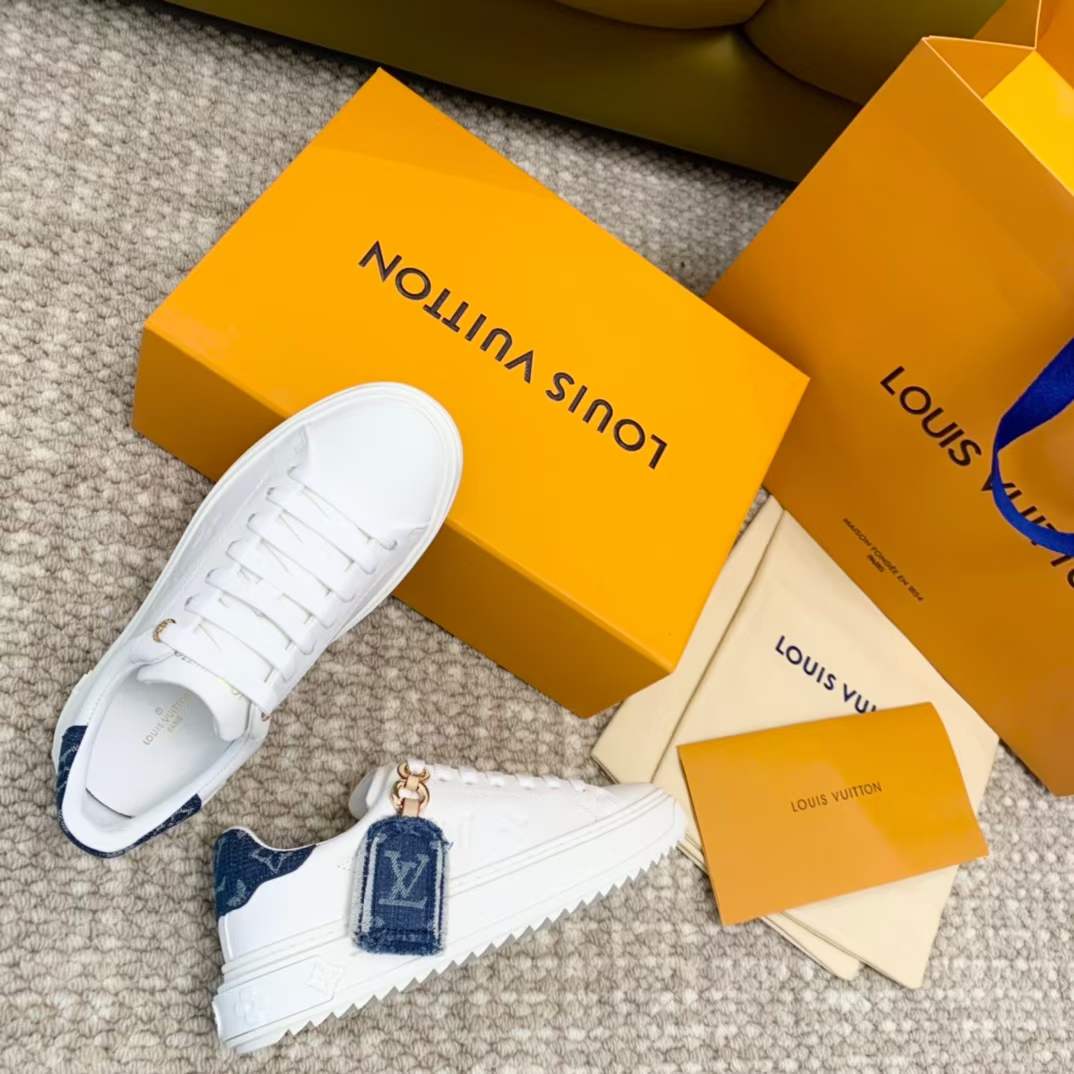 Louis Vuitton Unisex LV Time Out Sneaker Blue Calf Leather Monogram Denim 1ACHUD