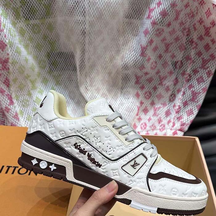Louis Vuitton Unisex LV Trainer Sneaker White Monogram-Embossed Calf Leather 1ACR5K