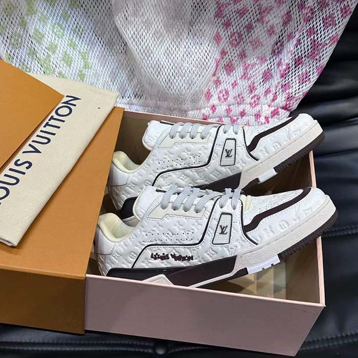 Louis Vuitton Unisex LV Trainer Sneaker White Monogram-Embossed Calf Leather 1ACR5K