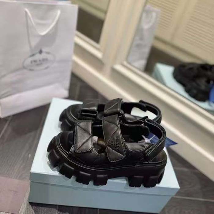 Prada Women Monolith Nappa Leather Sandals Black Upper Padding Stitching