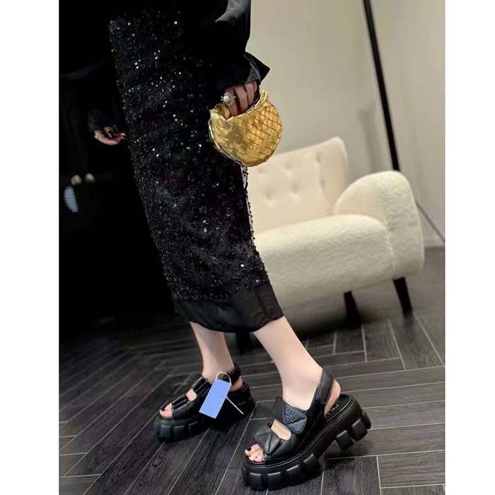 Prada Women Monolith Nappa Leather Sandals Black Upper Padding Stitching