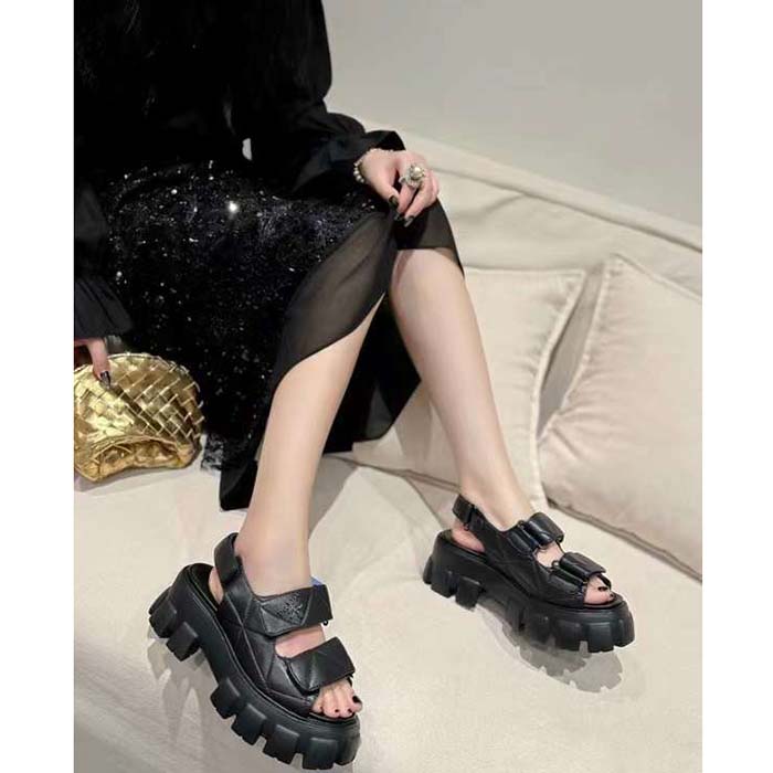 Prada Women Monolith Nappa Leather Sandals Black Upper Padding Stitching