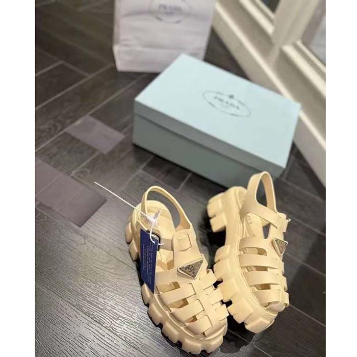 Prada Women Rubber Monolith Sandals Enameled Metal Triangle Logo Lug Tread