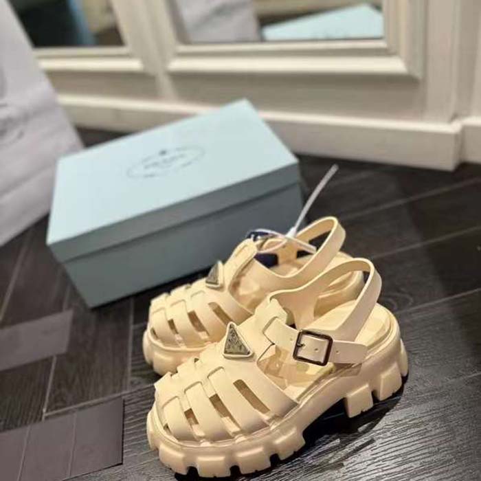 Prada Women Rubber Monolith Sandals Enameled Metal Triangle Logo Lug Tread
